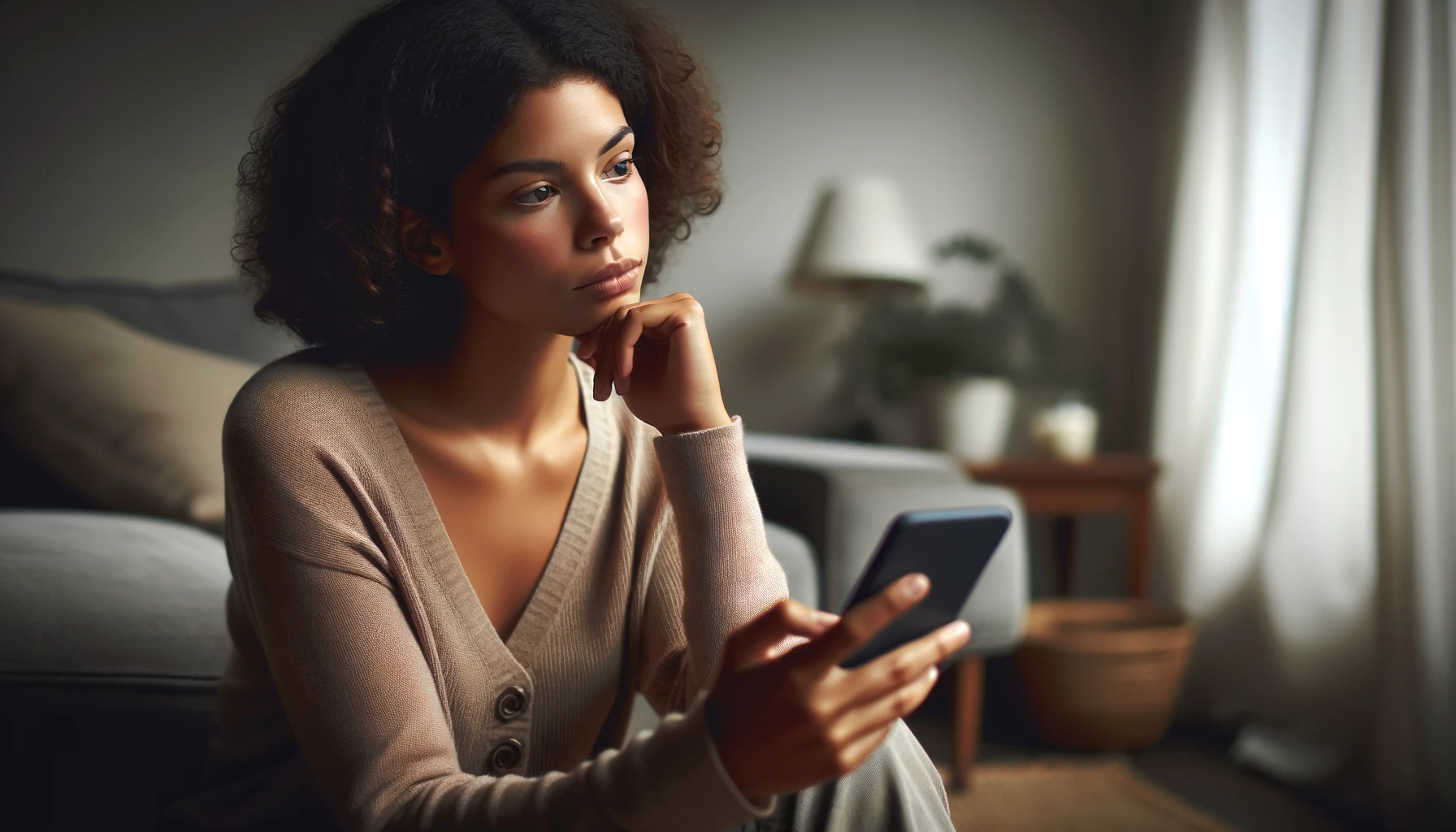 Social Media Strategies Post-Breakup: A person sitting thoughtfully with a smartphone in hand, contemplating their social media presence and interactions, reflecting the consideration needed after a breakup.