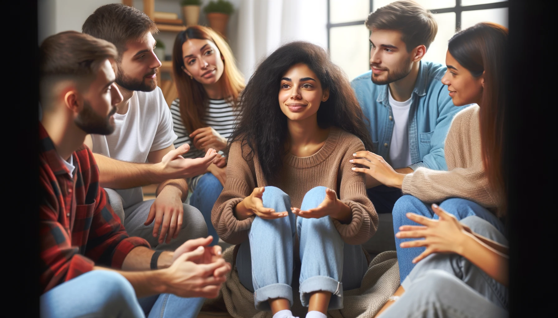 Social Media Strategies Post-Breakup: A person surrounded by supportive friends, discussing the importance of healthy social media habits and interactions during the healing process after a breakup.