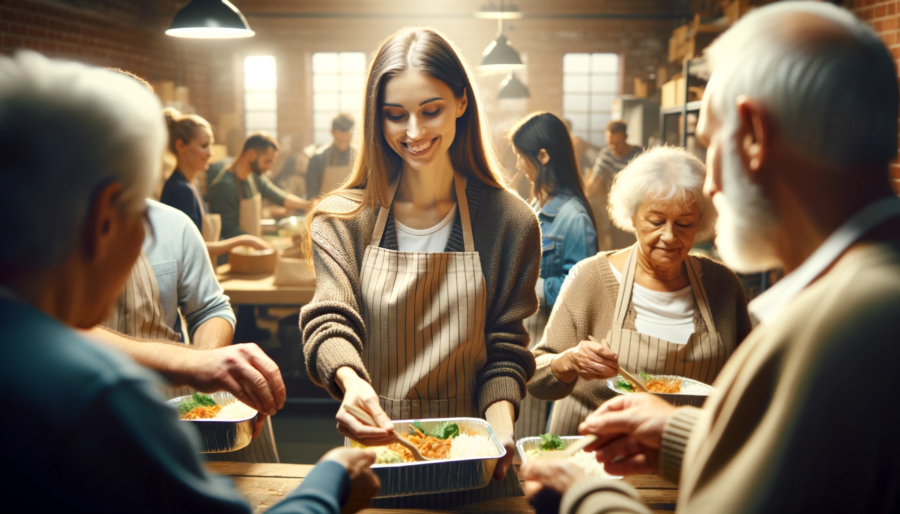 volunteering community engagement: A person serving food at a community kitchen, surrounded by grateful individuals, highlighting the meaningful connections that can be formed through volunteering.